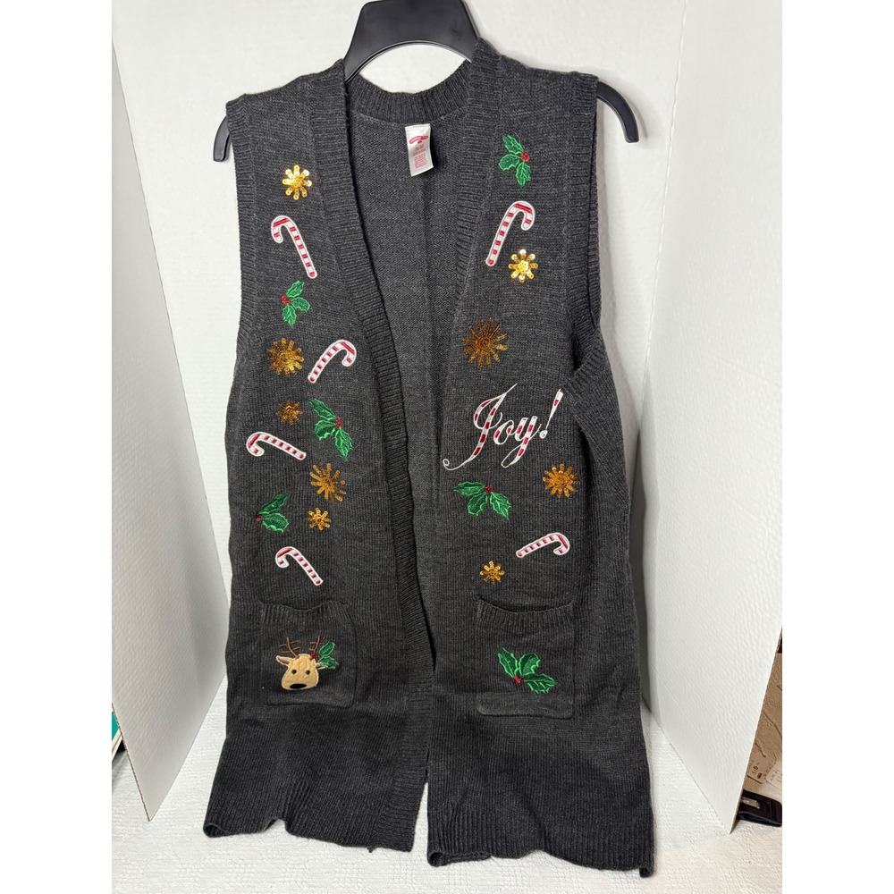 Holiday Time Dark Gray Christmas Embroidered Vest